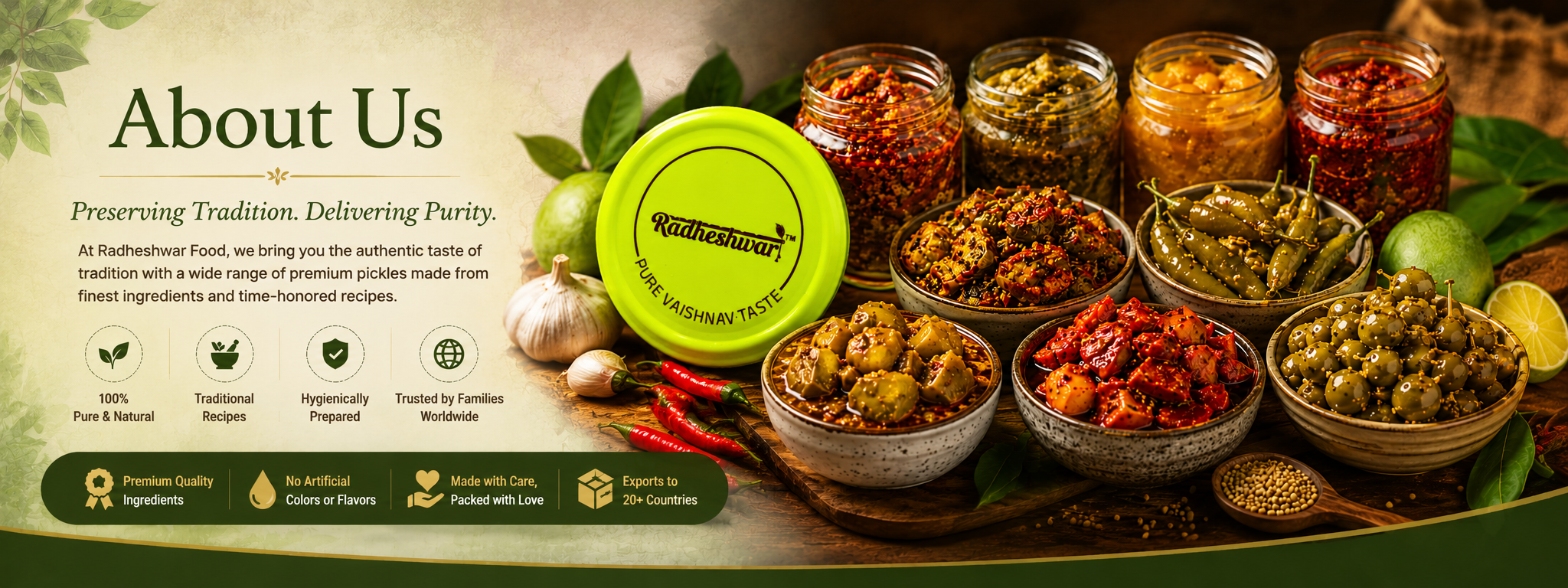 Radheshwar About Us banner with premium Indian pickles